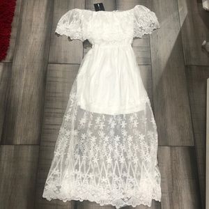 Off Shoulder White Lace Midi Dress